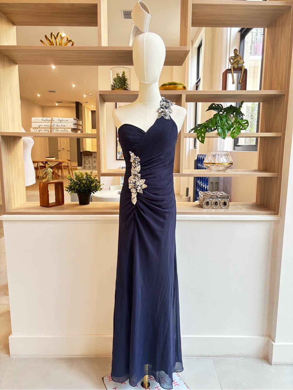 Dark Navy One-Shoulder Evening Dress with Crystal Embellishment